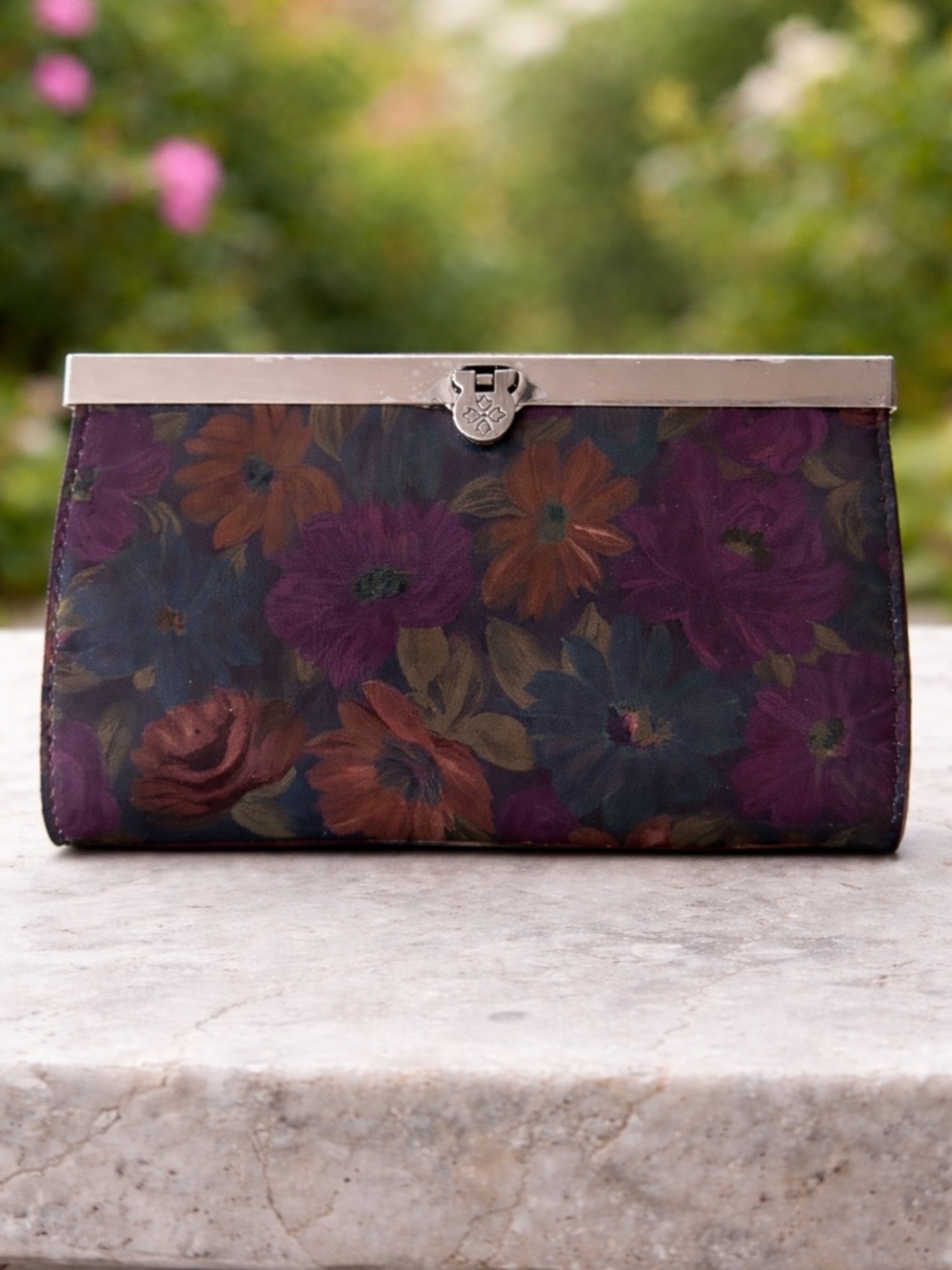 Patricia Nash Floral Peruvian Paint Frame Cauchy RFID Leath Clutch Wallet Black